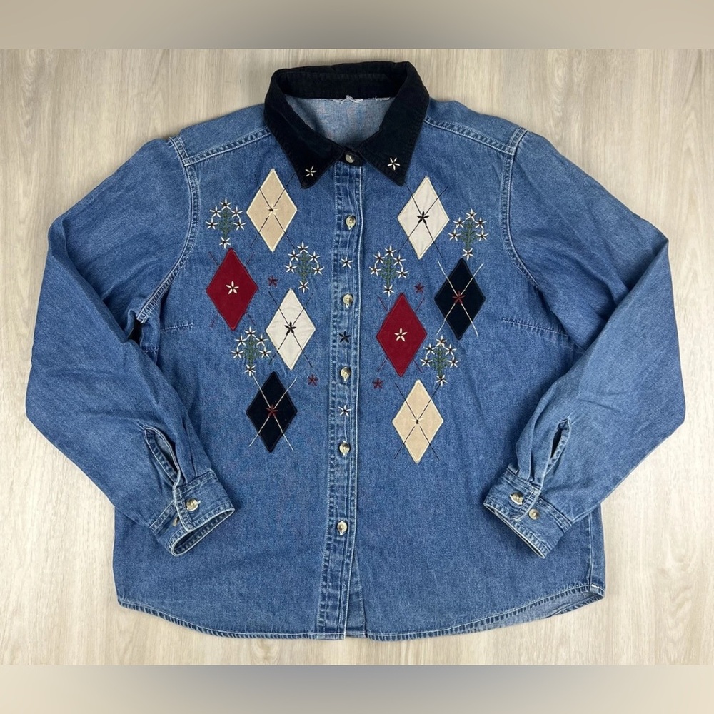 VTG 90s Denim Button-Up Embroidered Shirt Argyle Corduroy Western Cottagecore S